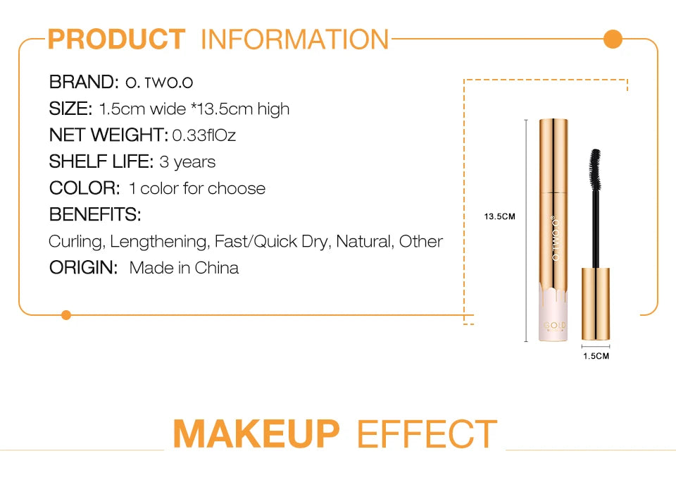 O.TWO.O 3D Mascara Lengthening Black Lash Eyelash Extension Eye Lashes Brush Beauty Makeup Long-wearing Gold Color Mascara