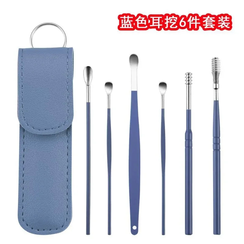 Stainless Steel Ear Digging Spoon Leather Cover 6pc Cleaner Scoop Double-Headed Spiral Cleaning Health Care Ear Picking Tool Set