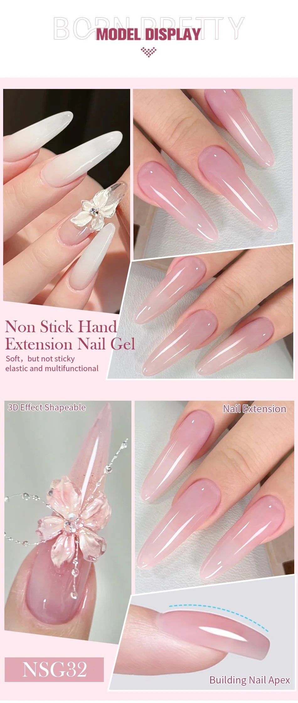 BORN PRETTY 15ml Clear Non-Stick Extension Gel Nail Polish for 3D Nail Art Shaping – Solid Milky Jelly Hard Gel for Artificial Nails