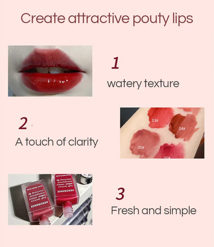 Lightly Glass Water Gloss Herorange Lip Glaze Mirror Moisturizing Plump Lips Not Easy To Stick To The Cup Long-Lasting Makeup