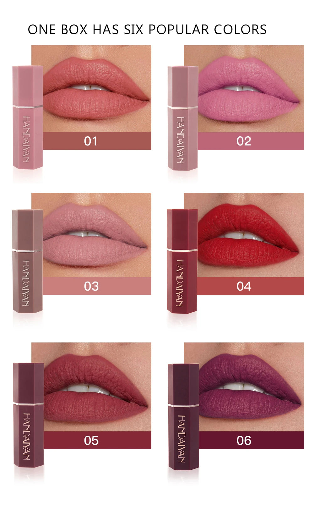 HANDAIYAN 6 Shades Matte Matte Lipstick Velvet Easy Tinting Long-Wear Makeup Lip Makeup