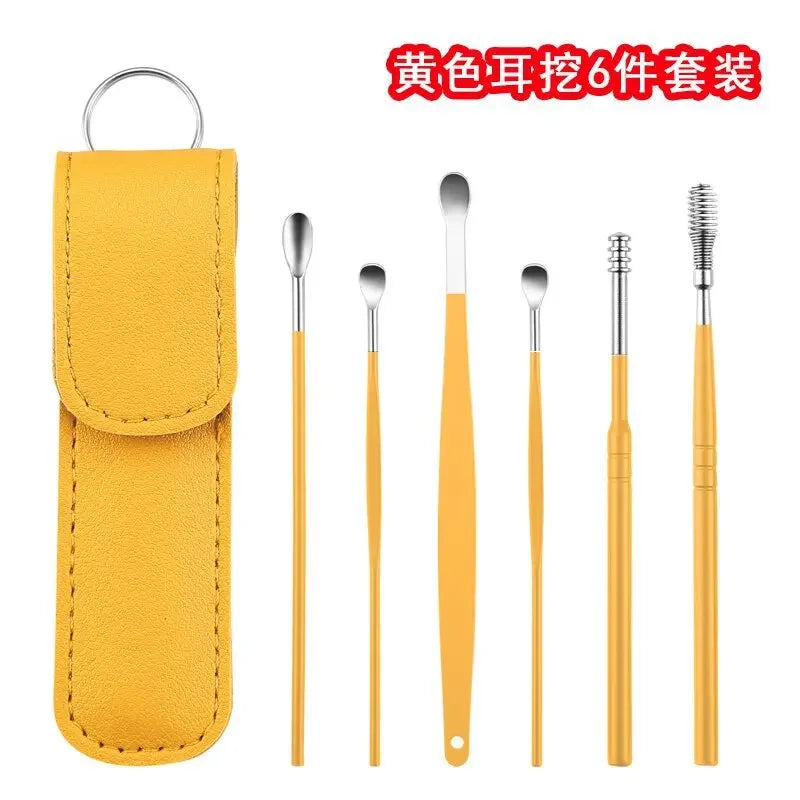 Stainless Steel Ear Digging Spoon Leather Cover 6pc Cleaner Scoop Double-Headed Spiral Cleaning Health Care Ear Picking Tool Set