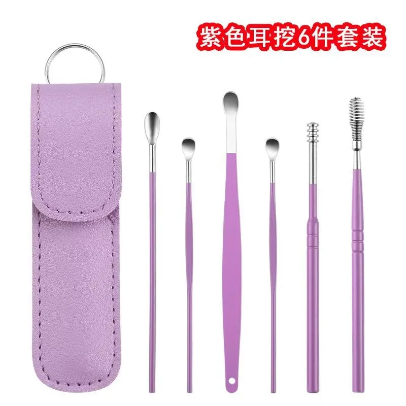 Stainless Steel Ear Digging Spoon Leather Cover 6pc Cleaner Scoop Double-Headed Spiral Cleaning Health Care Ear Picking Tool Set