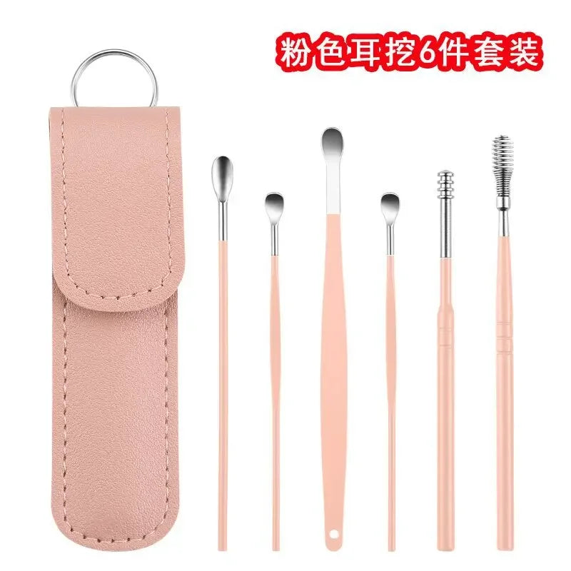 Stainless Steel Ear Digging Spoon Leather Cover 6pc Cleaner Scoop Double-Headed Spiral Cleaning Health Care Ear Picking Tool Set