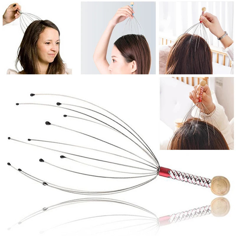 1PC Octopus Head Massager Stainless Steel Engraved Head Relaxer Brain Massage Claw Scalp Scratcher Itch Reliever Random Color