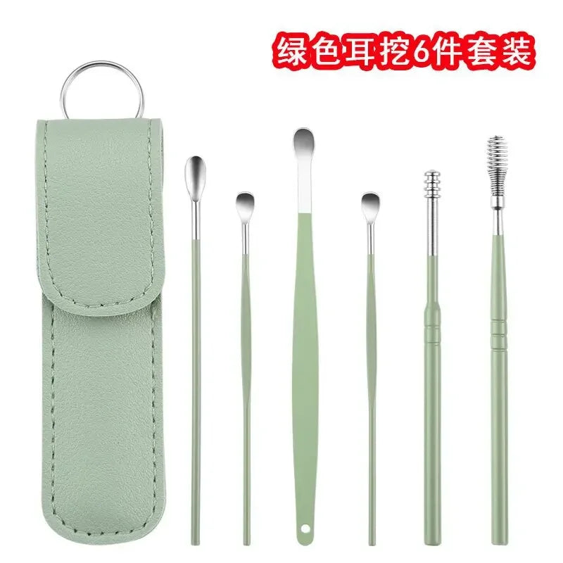 Stainless Steel Ear Digging Spoon Leather Cover 6pc Cleaner Scoop Double-Headed Spiral Cleaning Health Care Ear Picking Tool Set