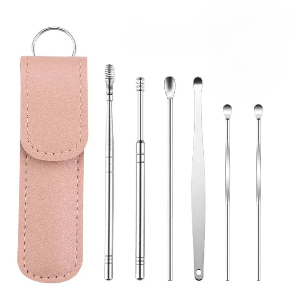 Stainless Steel Ear Digging Spoon Leather Cover 6pc Cleaner Scoop Double-Headed Spiral Cleaning Health Care Ear Picking Tool Set