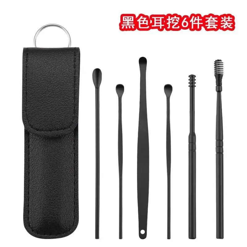 Stainless Steel Ear Digging Spoon Leather Cover 6pc Cleaner Scoop Double-Headed Spiral Cleaning Health Care Ear Picking Tool Set